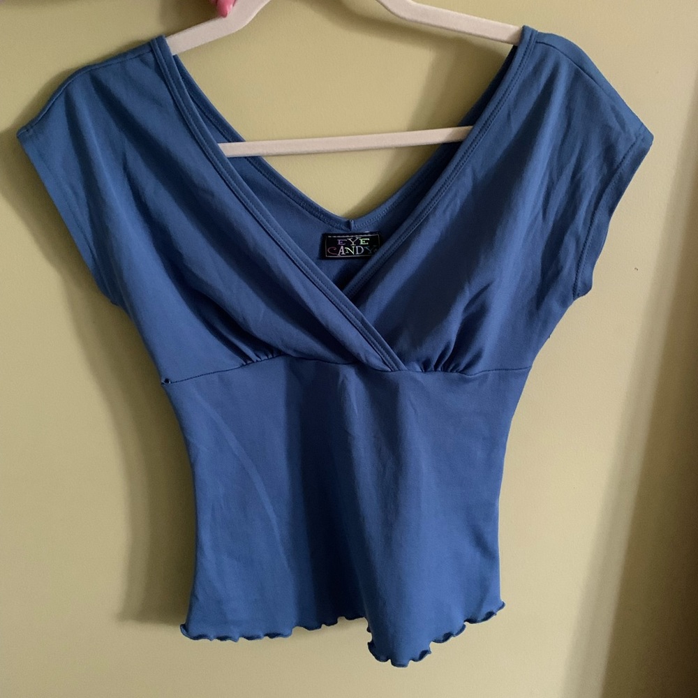 blue crossover top size small but stretchy